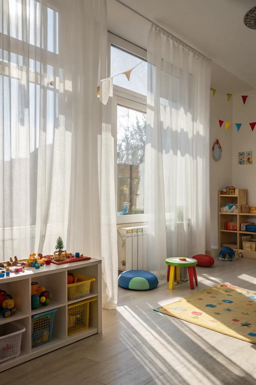 Sheer curtains let in natural light, brightening the playroom.