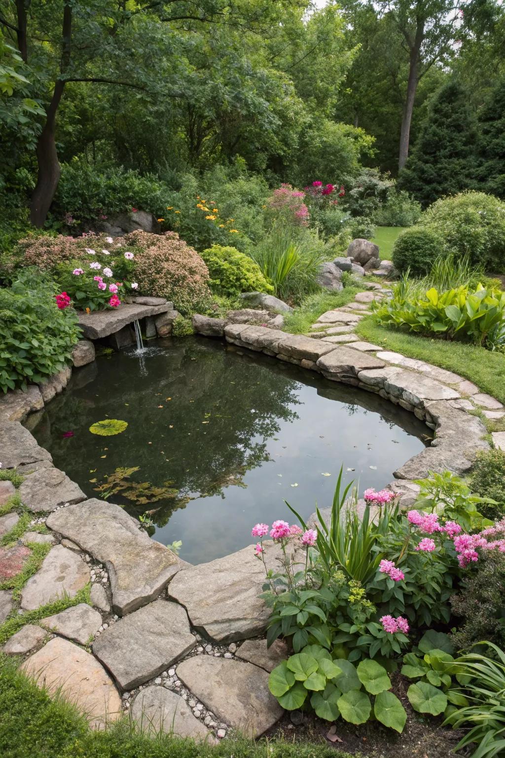 An irregularly shaped pond integrates beautifully into the garden landscape.