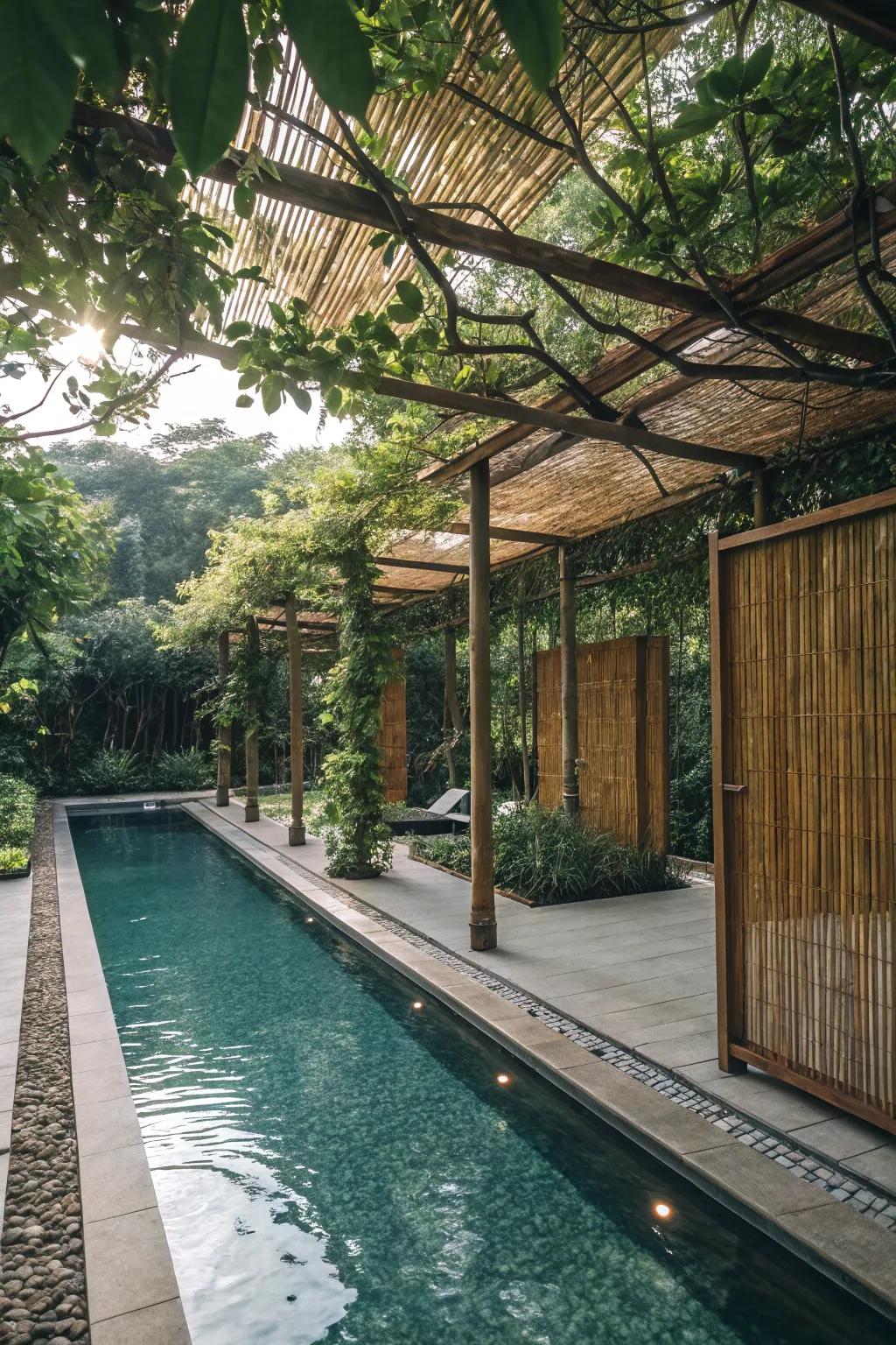 Natural elements bring tranquility and shade to poolside spaces.