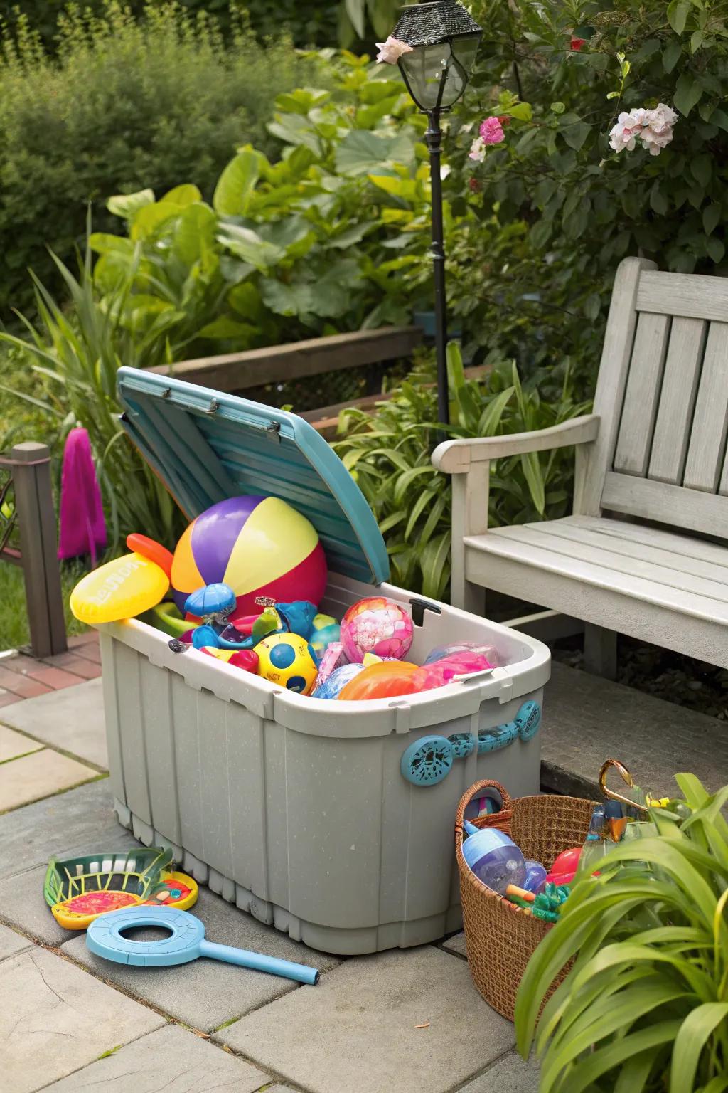 Toy bins keep bulky pool items neatly stored.