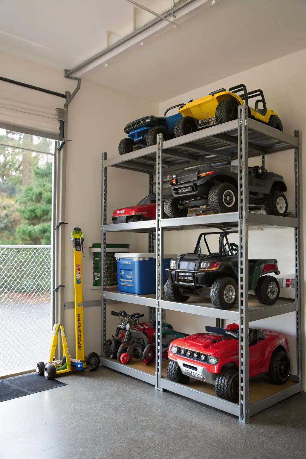 Multi-tier racks maximizing vertical storage for power wheels.