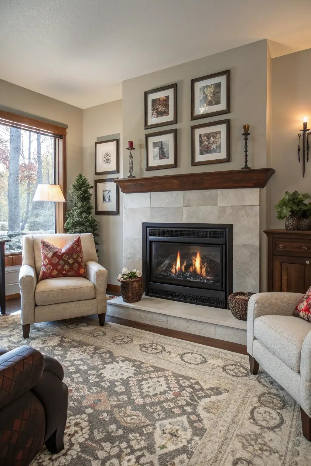 A living room with a blend of contemporary and traditional styles.