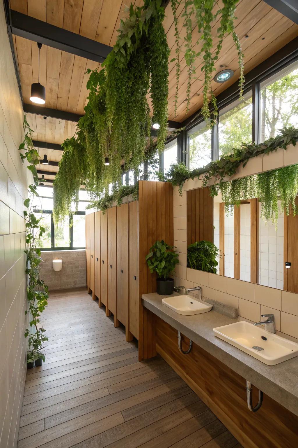 Natural elements add a refreshing and calming touch to public bathrooms.