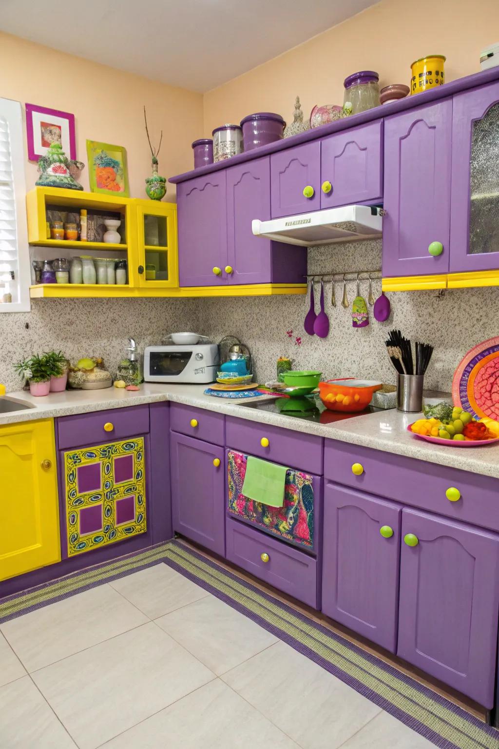 A quirky kitchen featuring purple cabinets and colorful accents.