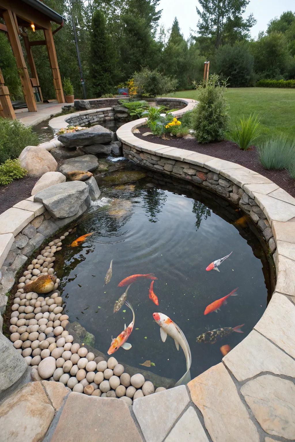 A uniquely shaped raised koi pond that captivates.