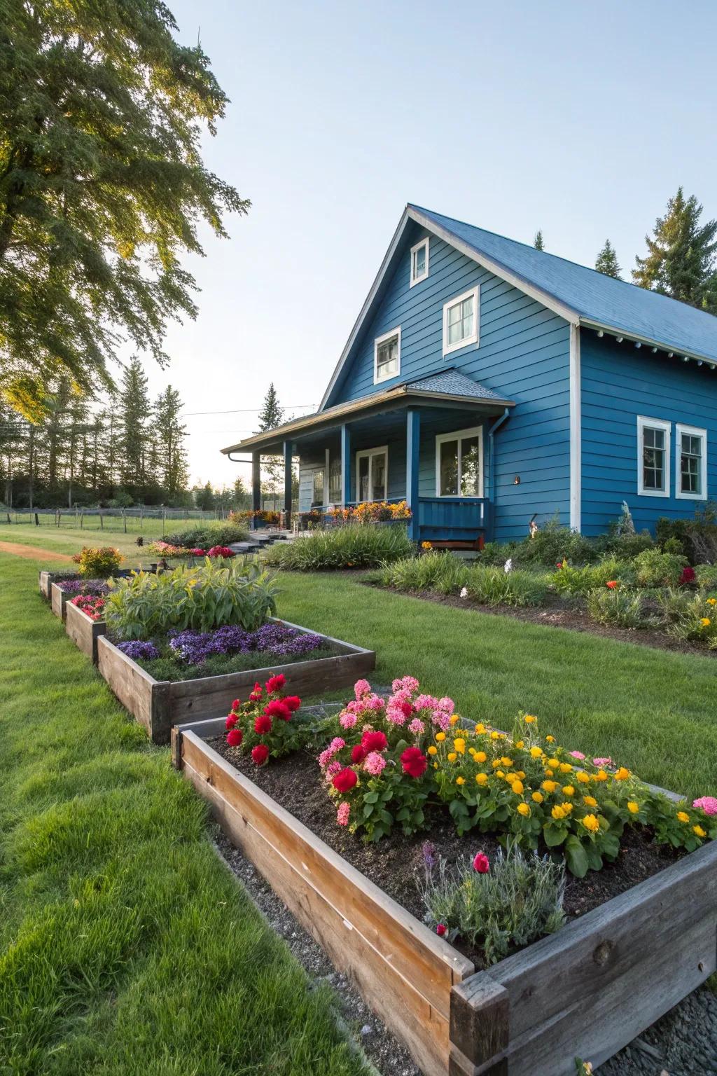 Bold blue siding makes this ranch house a standout.