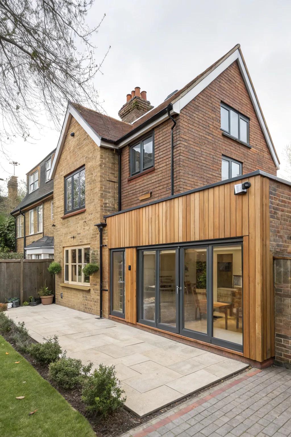 A harmonious rear house extension using natural materials for a warm feel.
