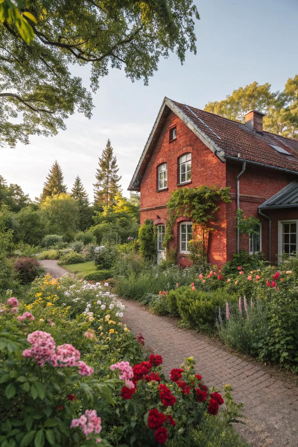 Beautiful landscaping enhances the charm of this red brick house.