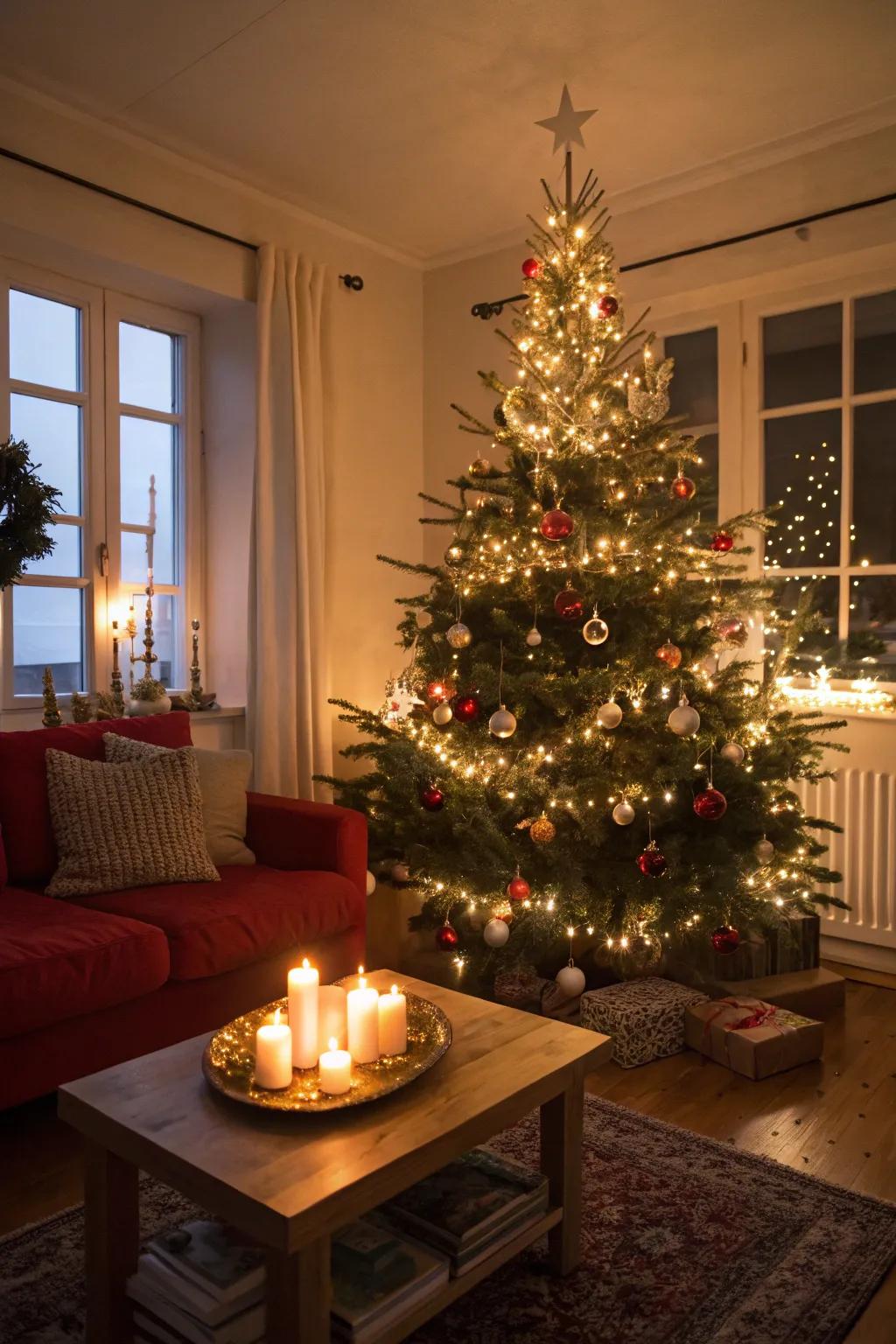 Layered lighting enhances the cozy ambiance of the tree.