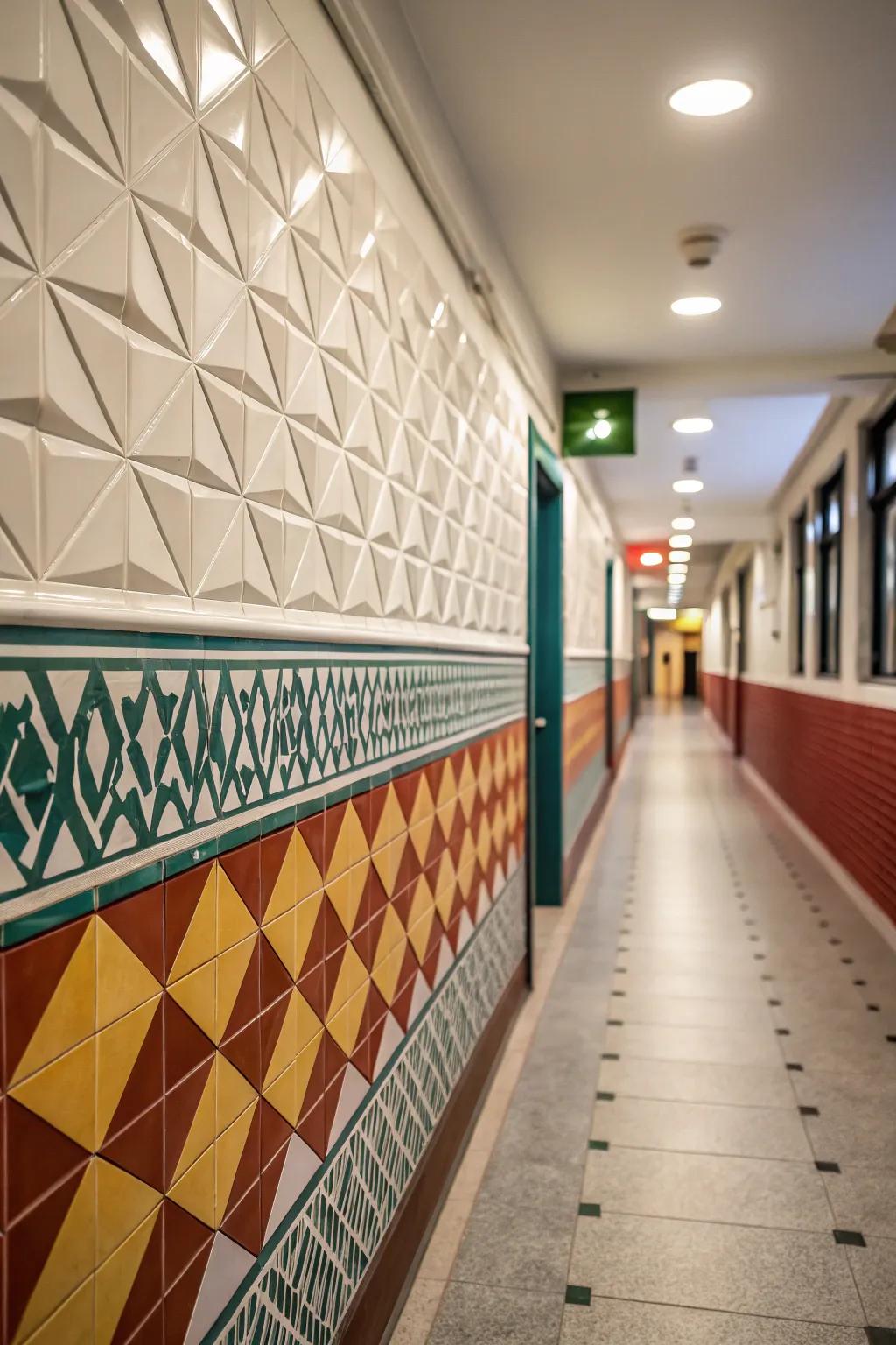 Geometric patterns in relief tiles create a chic, modern look.