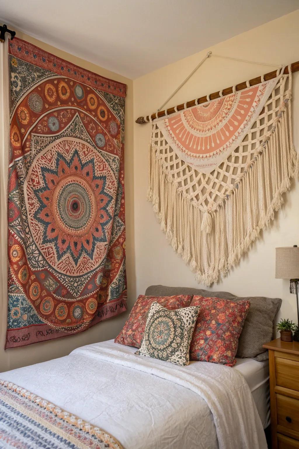 Add warmth and texture with textile wall hangings.