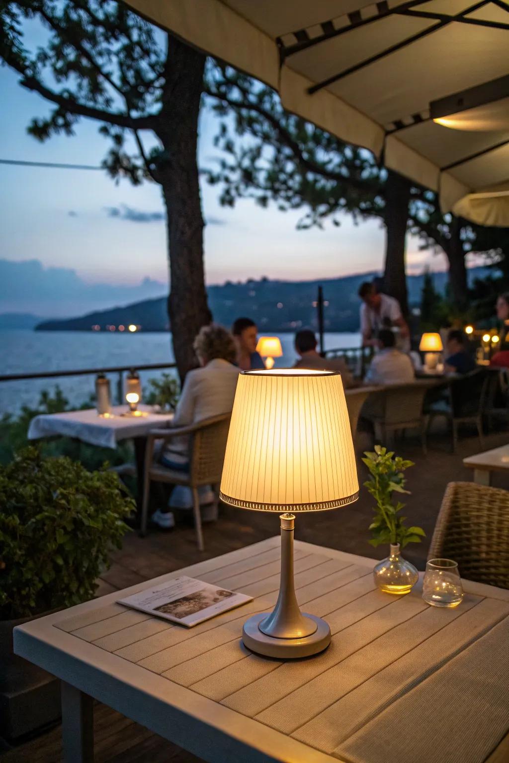 Cordless table lamp on a restaurant patio table in an outdoor setting.