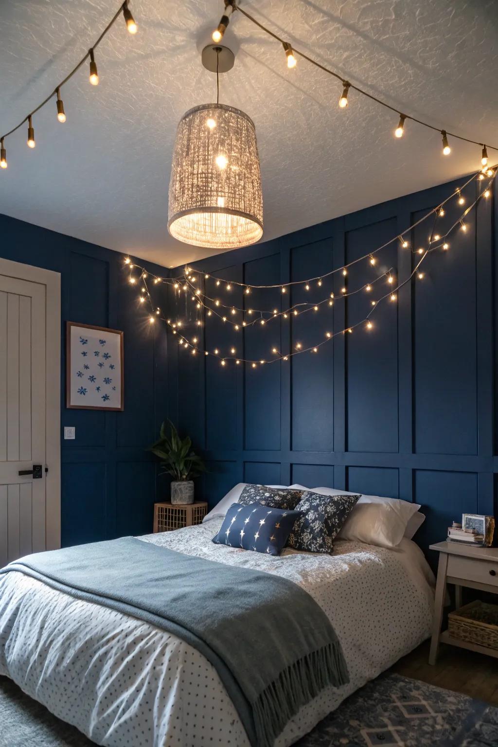 Decorative lighting adds a romantic glow to your navy blue bedroom.