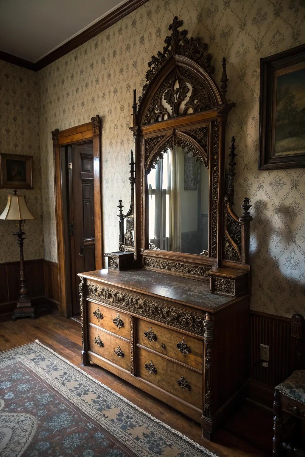 Vintage decor pieces bring timeless elegance to a Victorian Gothic bedroom.