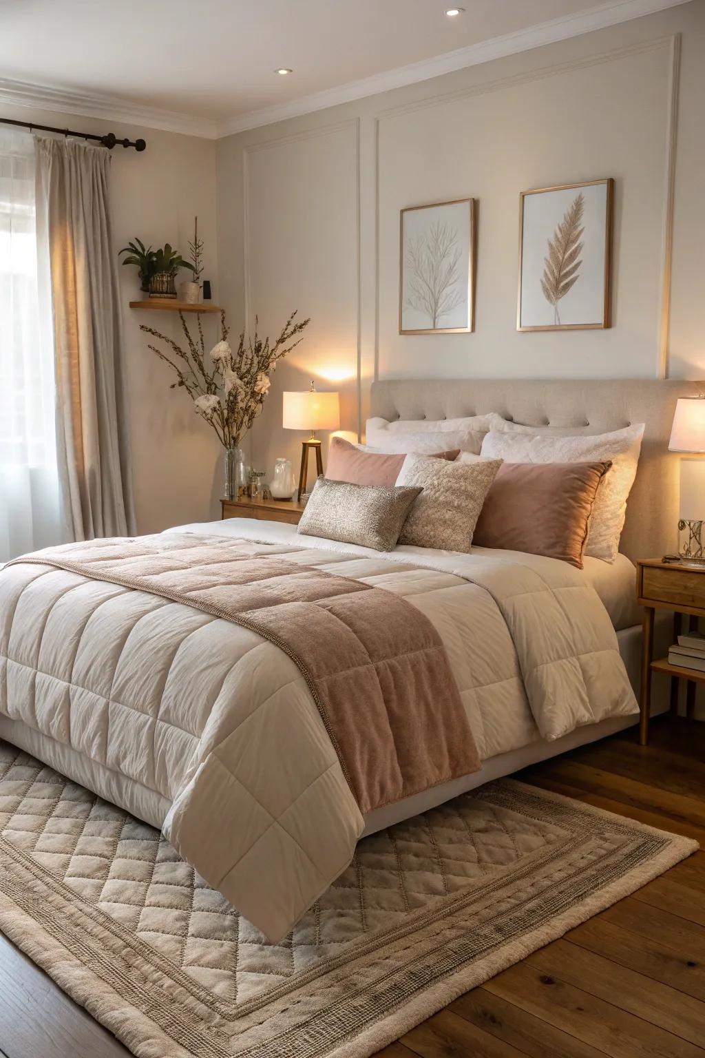 A bedroom featuring cozy furniture and plush bedding for ultimate comfort.