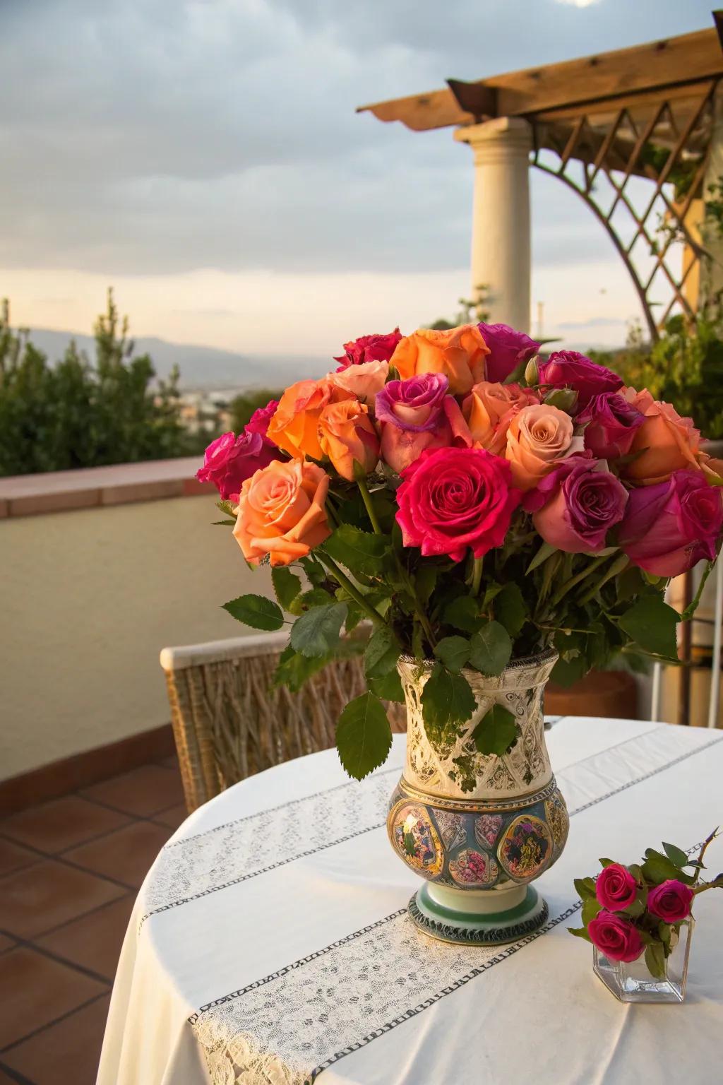 Bold and lively with peach and magenta roses.