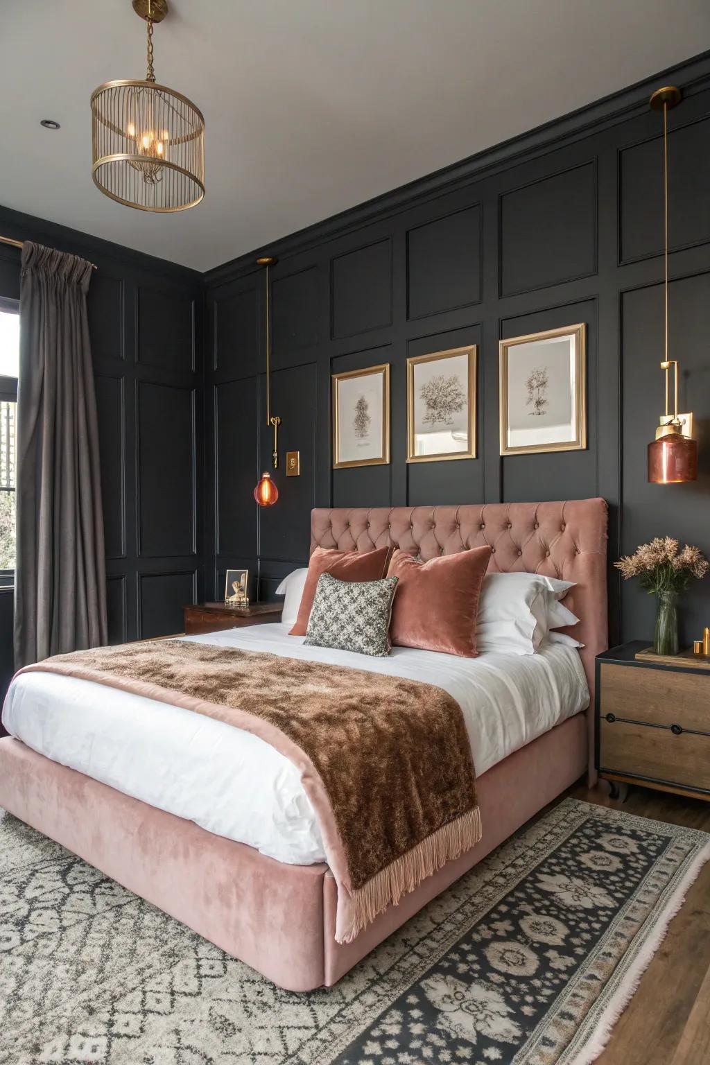 Dark walls and rose gold create a striking contrast.