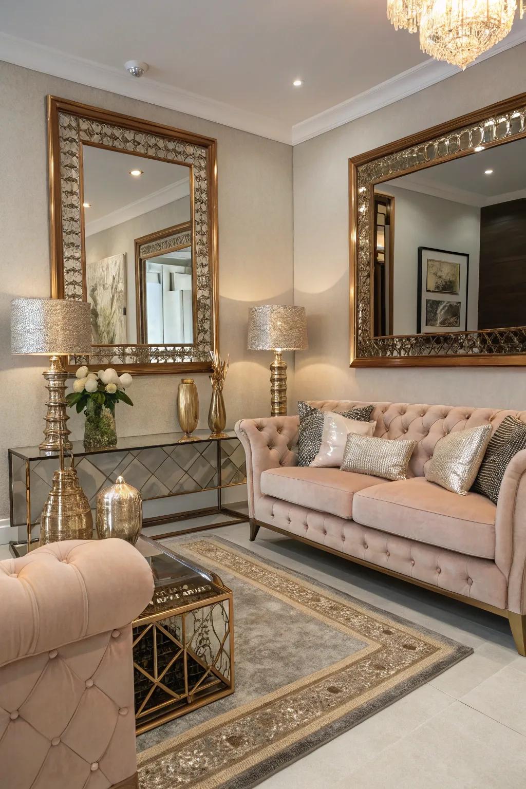 Mirrored accents with rose gold frames enhance the room's elegance.