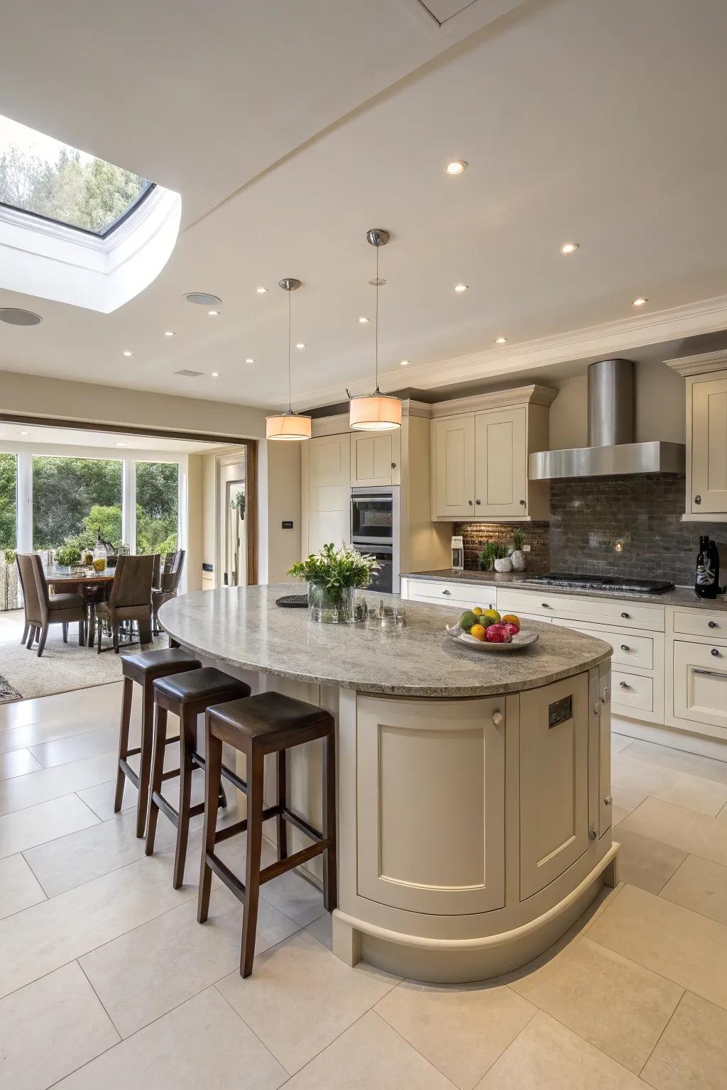 A central round island enhances space and flow in a kitchen.