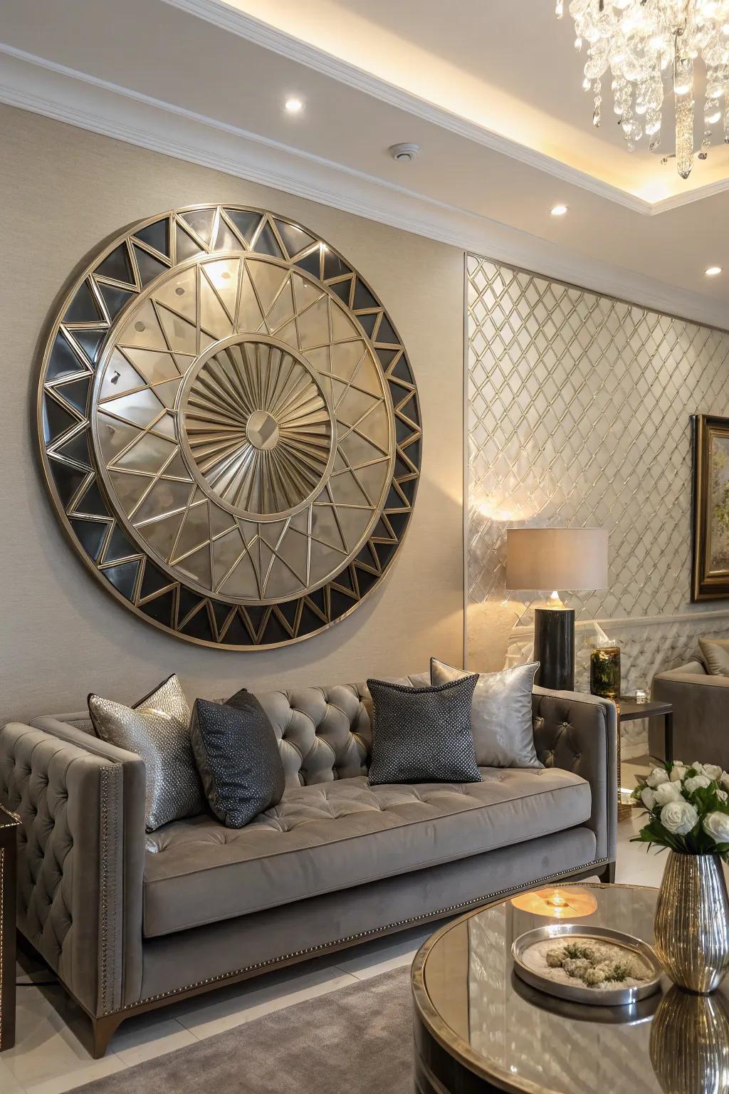 Modern living room with metallic round wall art featuring geometric patterns.