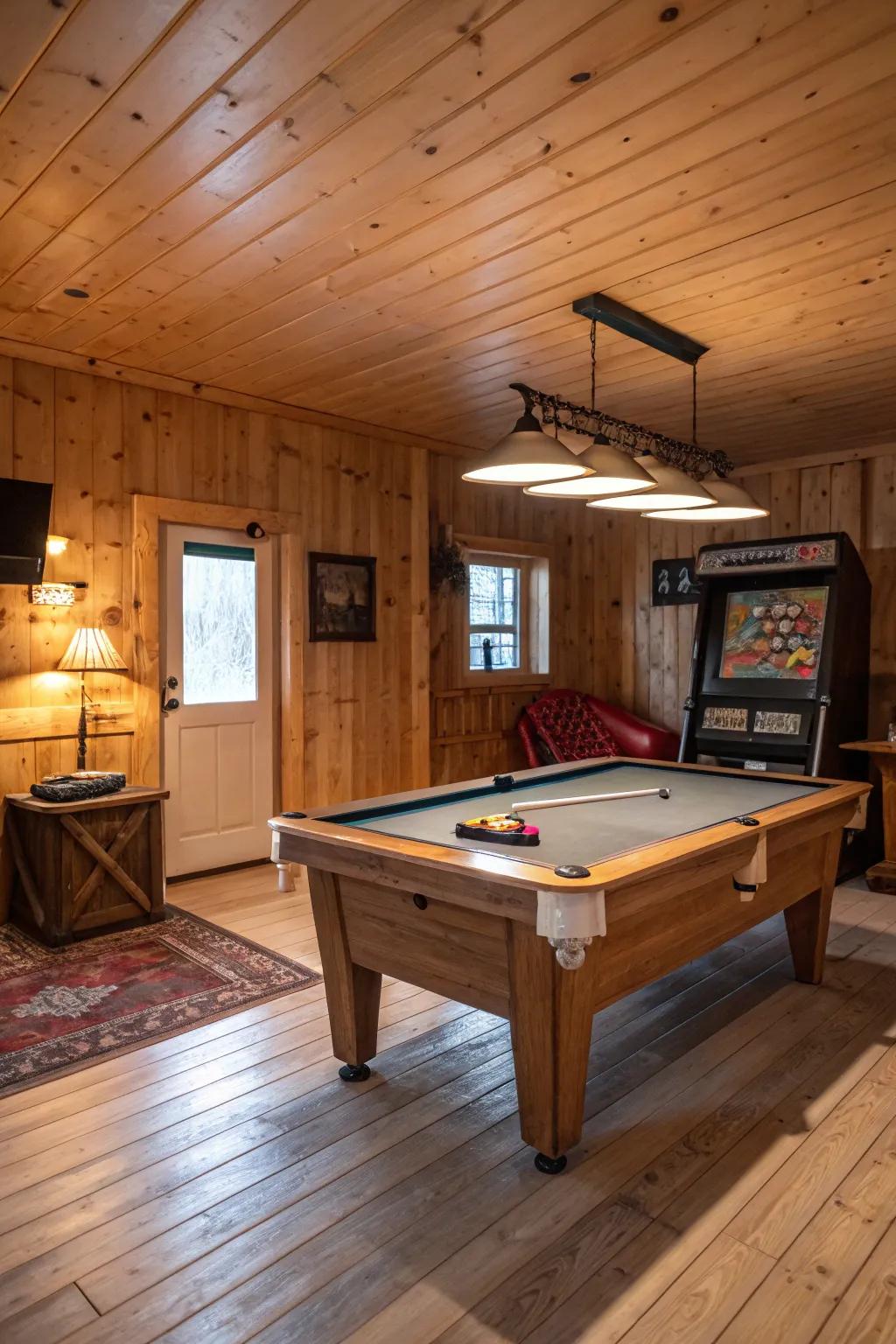 A man cave entertainment zone with a pool table at its center.