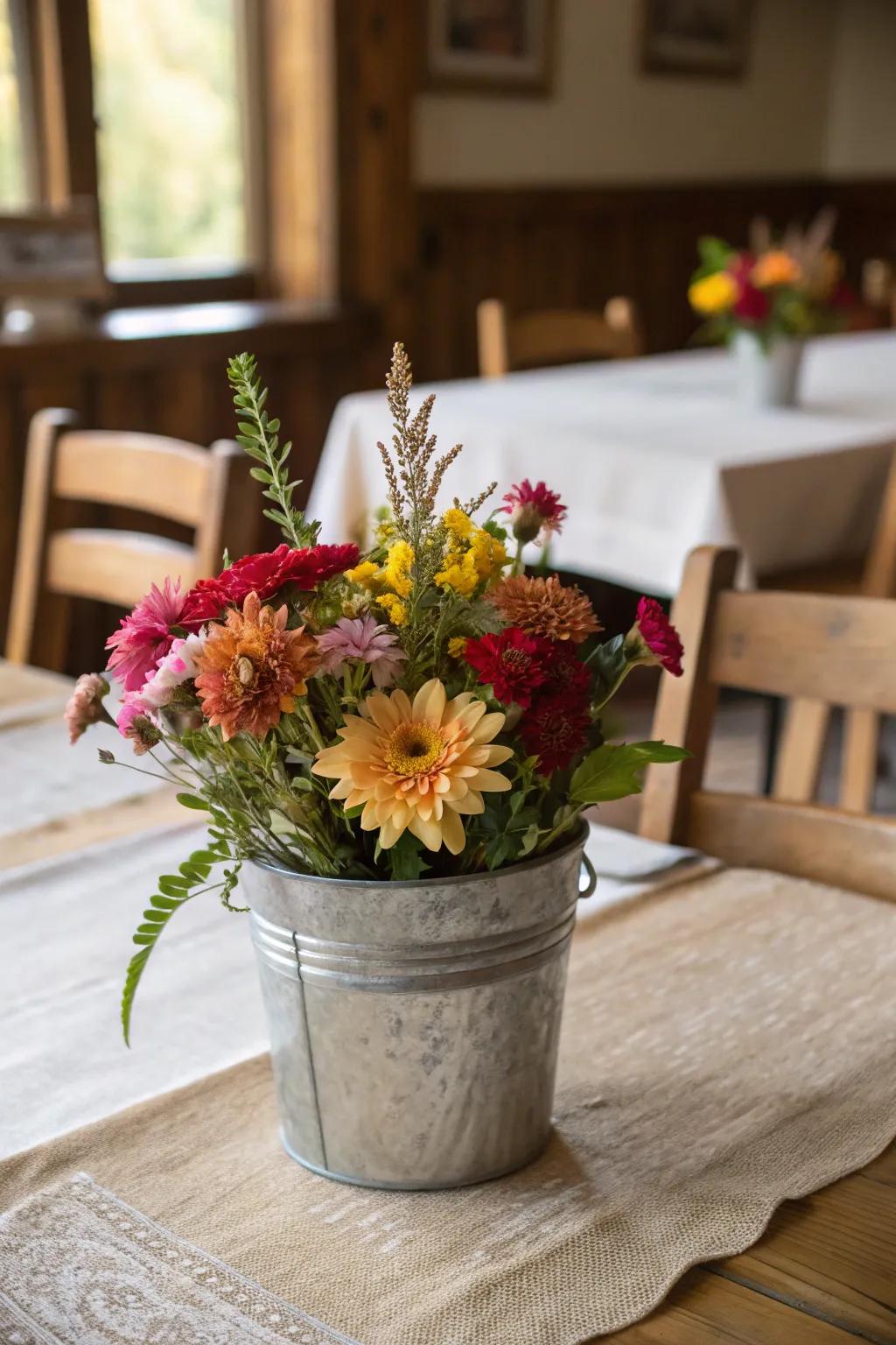 Metal buckets add a rustic touch to any table setting.