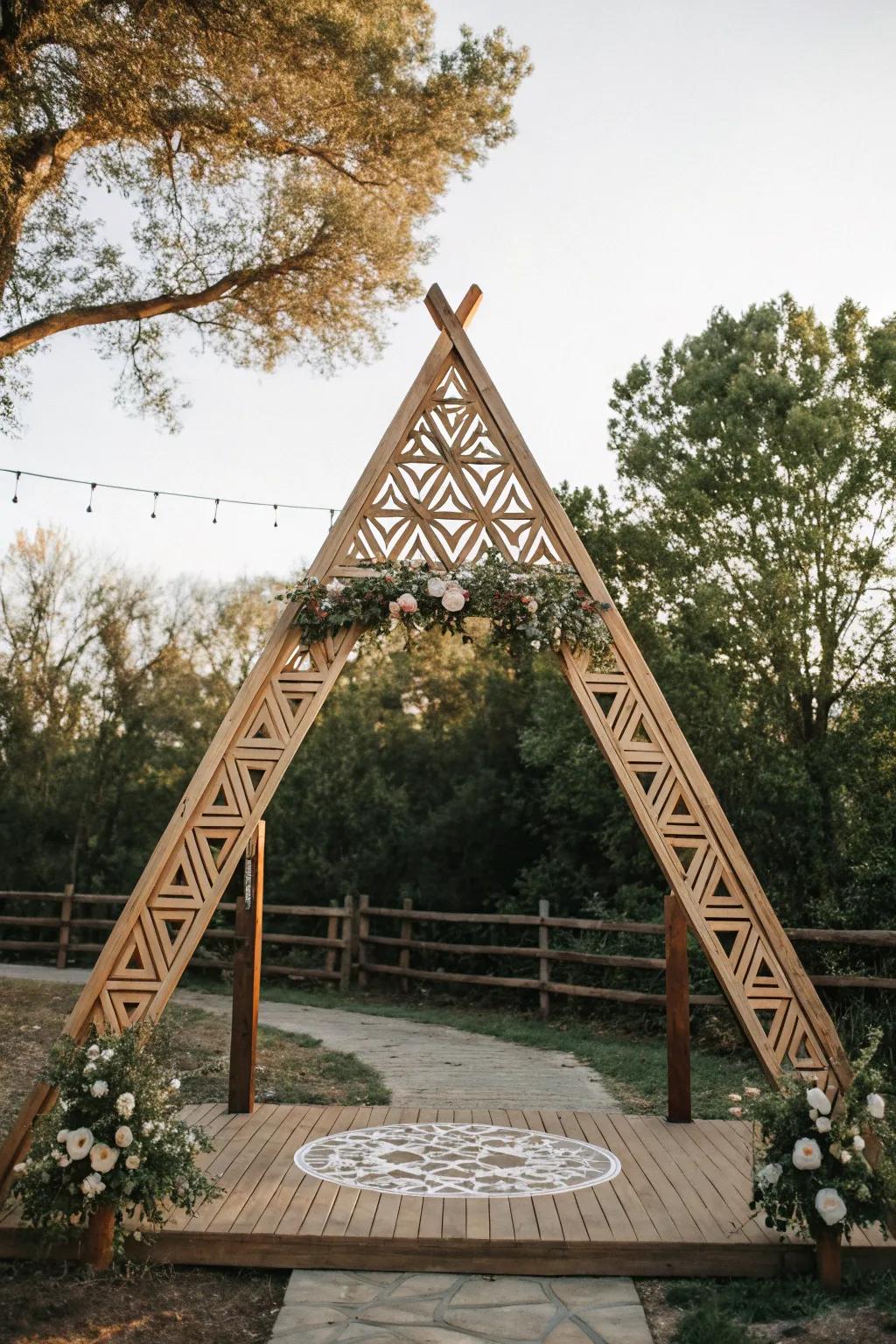 A modern twist on rustic charm with this geometric triangular arch.