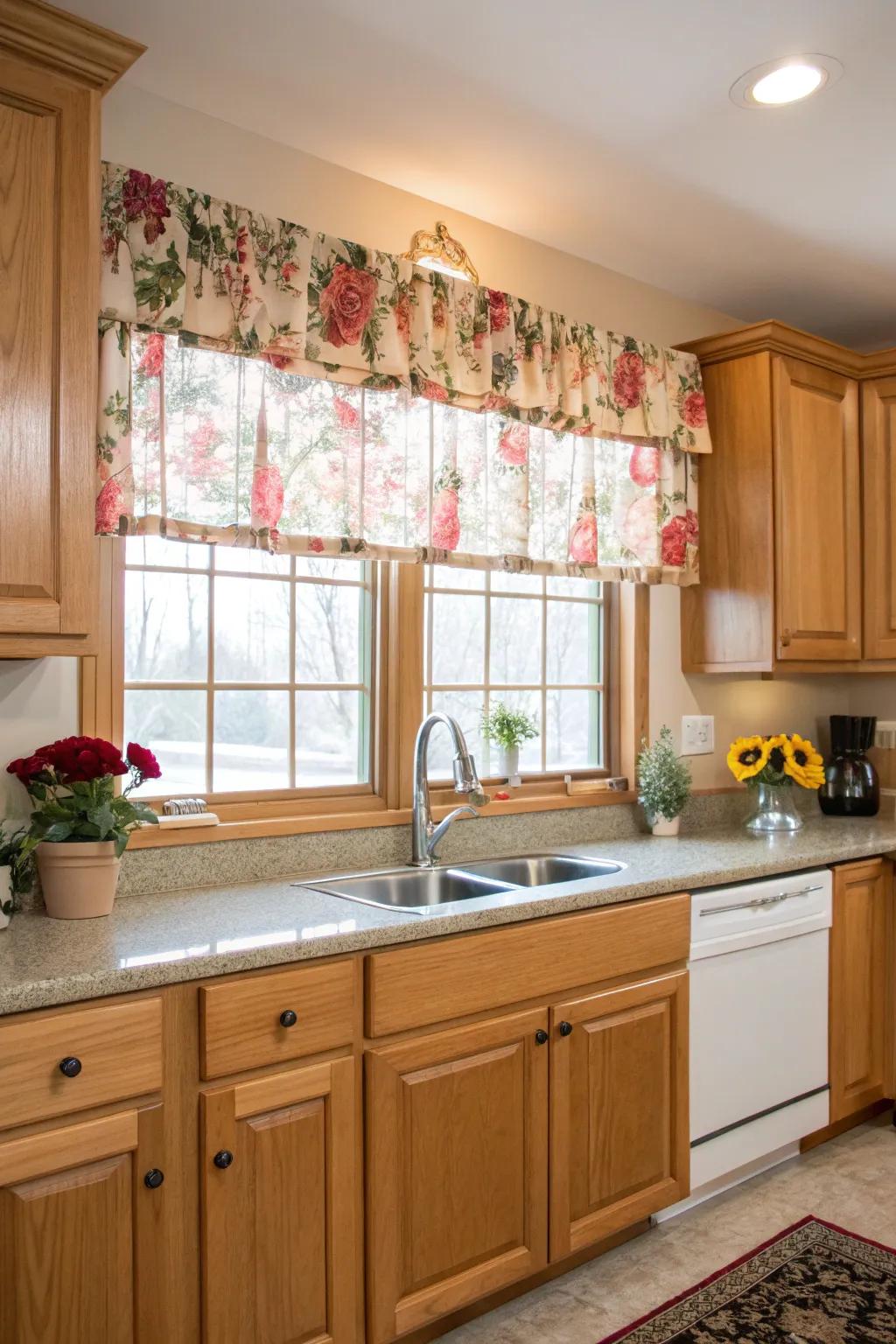 A cheerful kitchen enhanced by a floral fabric valance that adds a splash of color and nature.