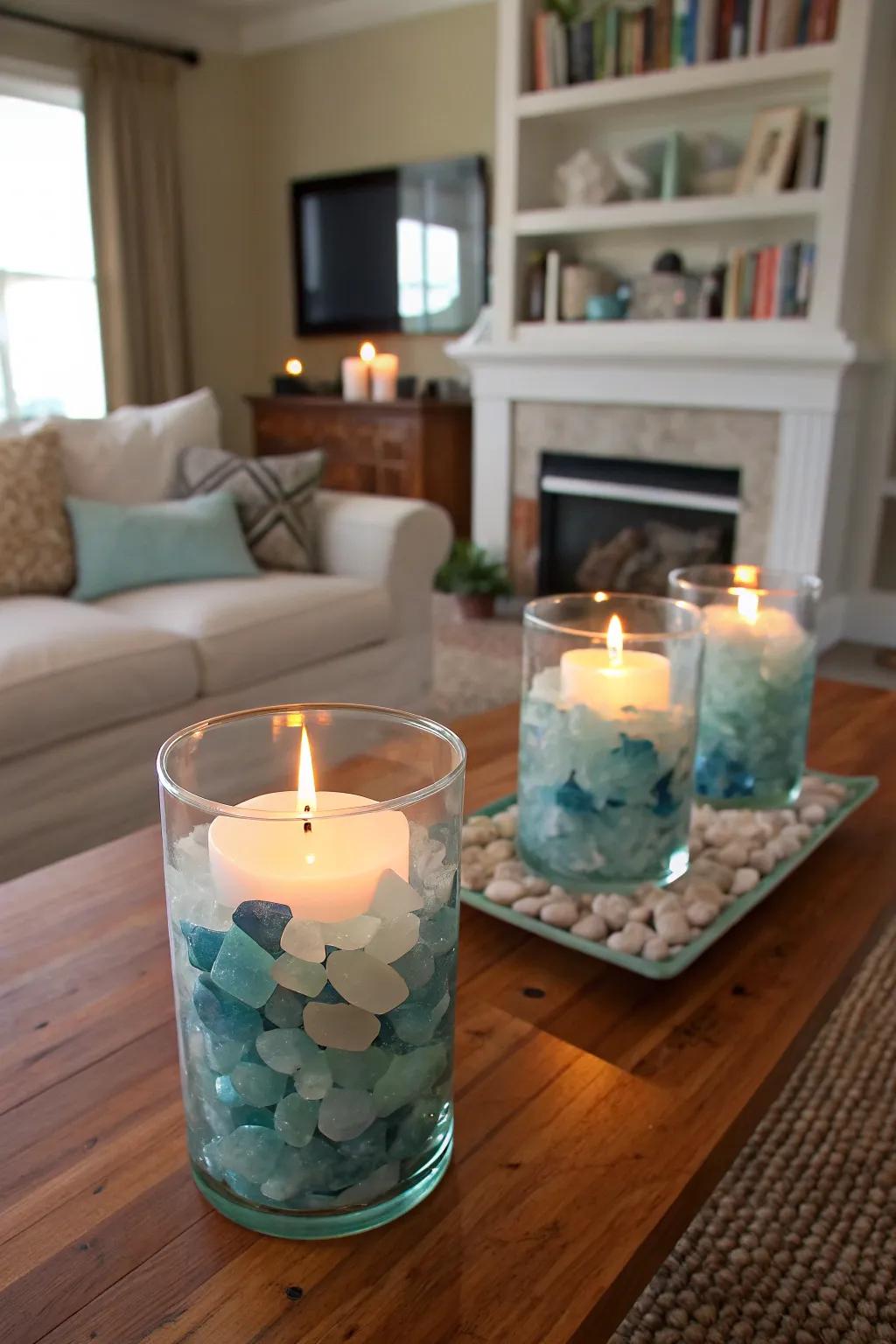 Sea glass candle holders create a warm and magical atmosphere.