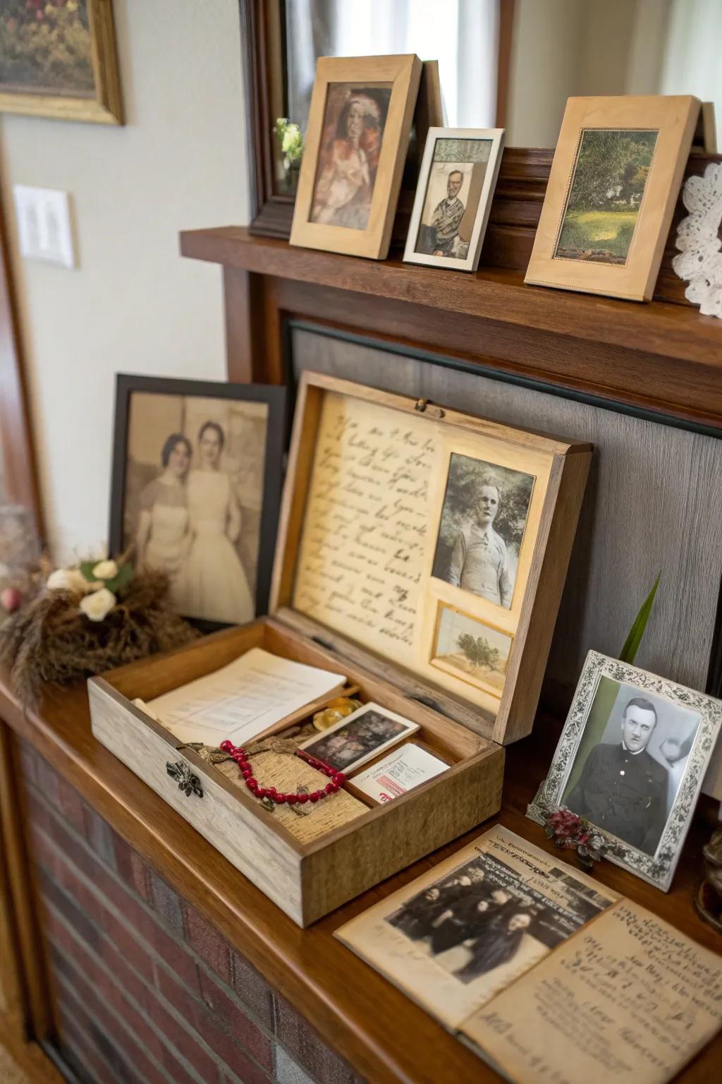 A family heritage shadow box telling a story of ancestry.