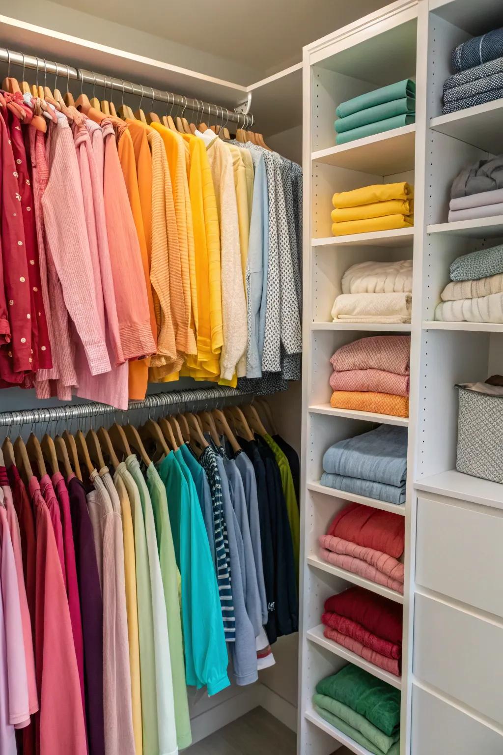 A closet with color-coordinated clothing for a cohesive appearance.