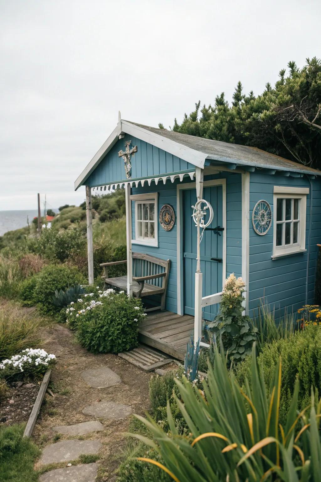 Tranquil blue sheds evoke serene coastal vibes.