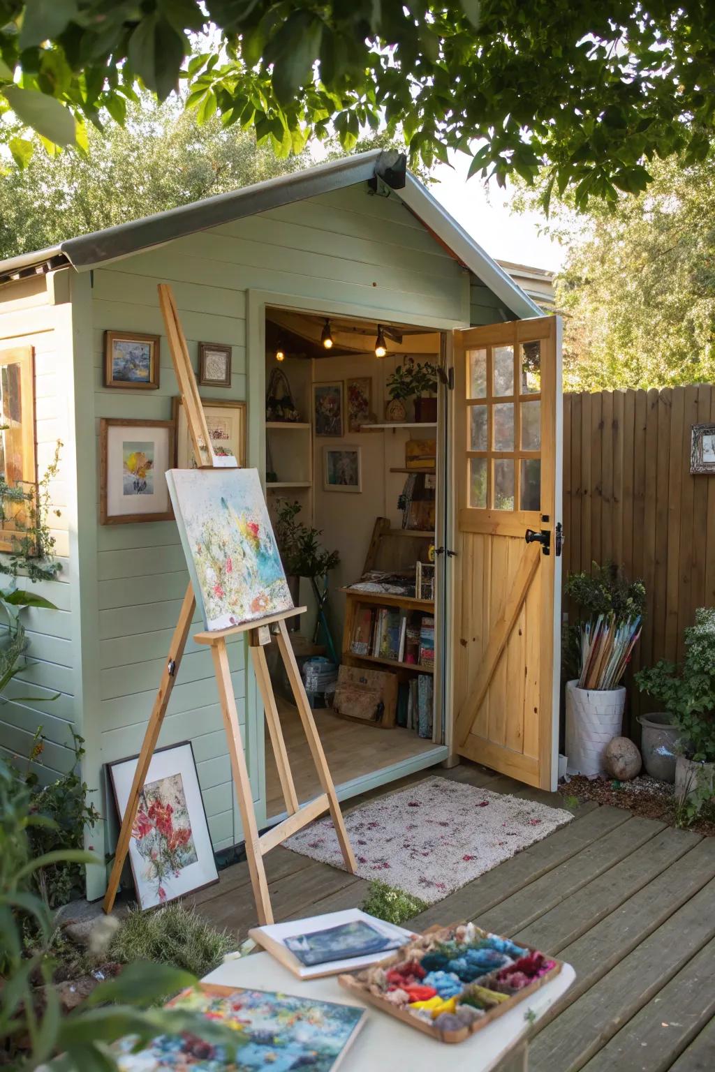 A garden shed turned into a creative art studio.