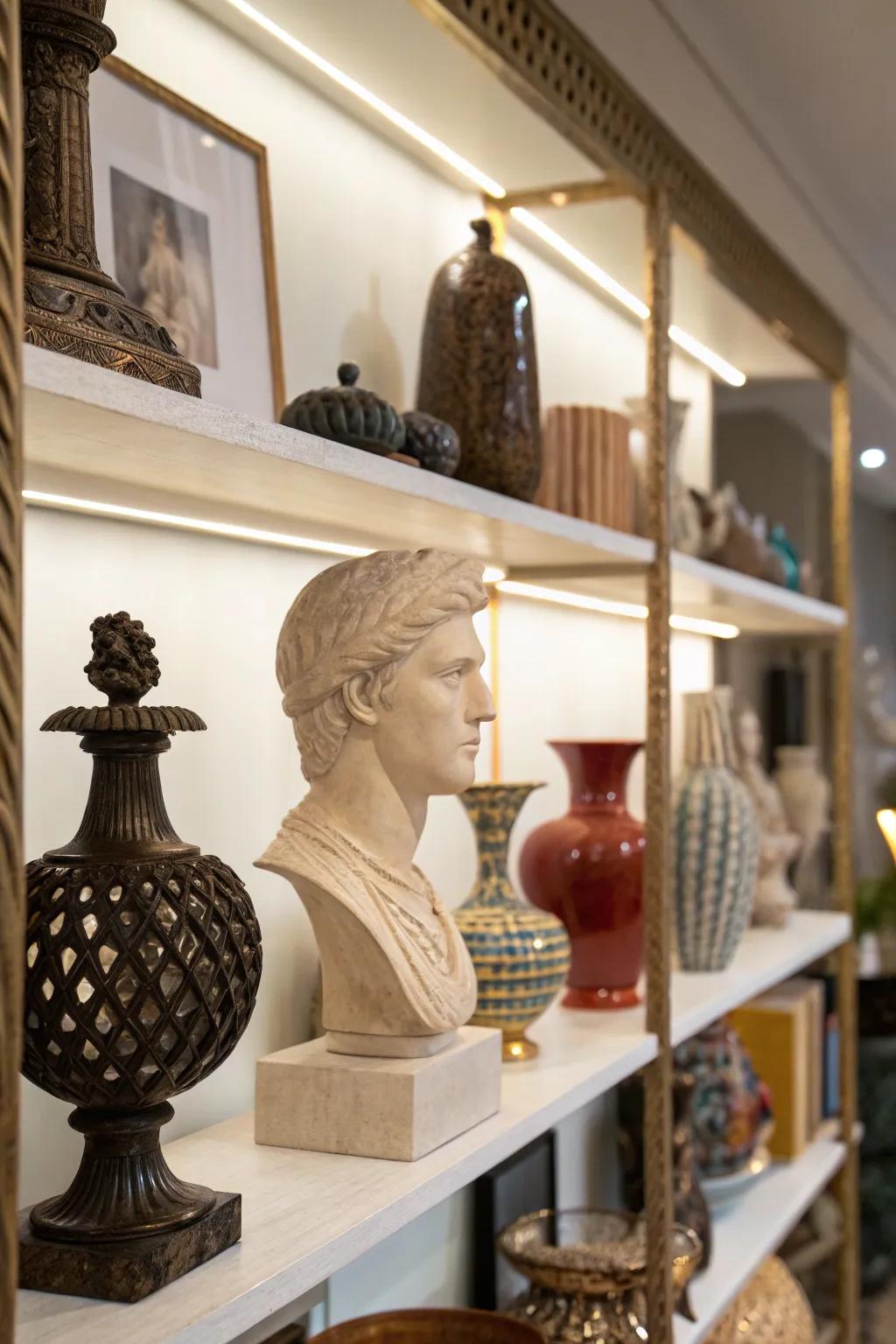 Decorative objects add interest and character to the shelf.