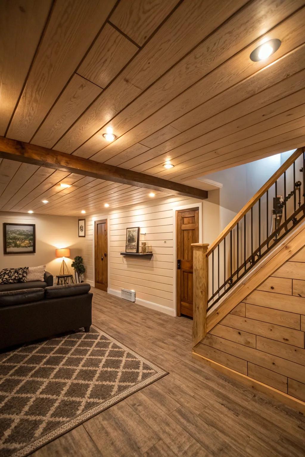 A cozy basement featuring a shiplap ceiling.