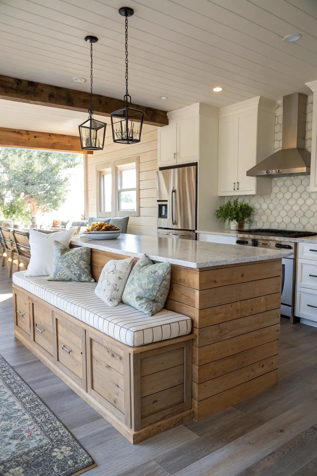 Shiplap island with comfortable built-in seating.