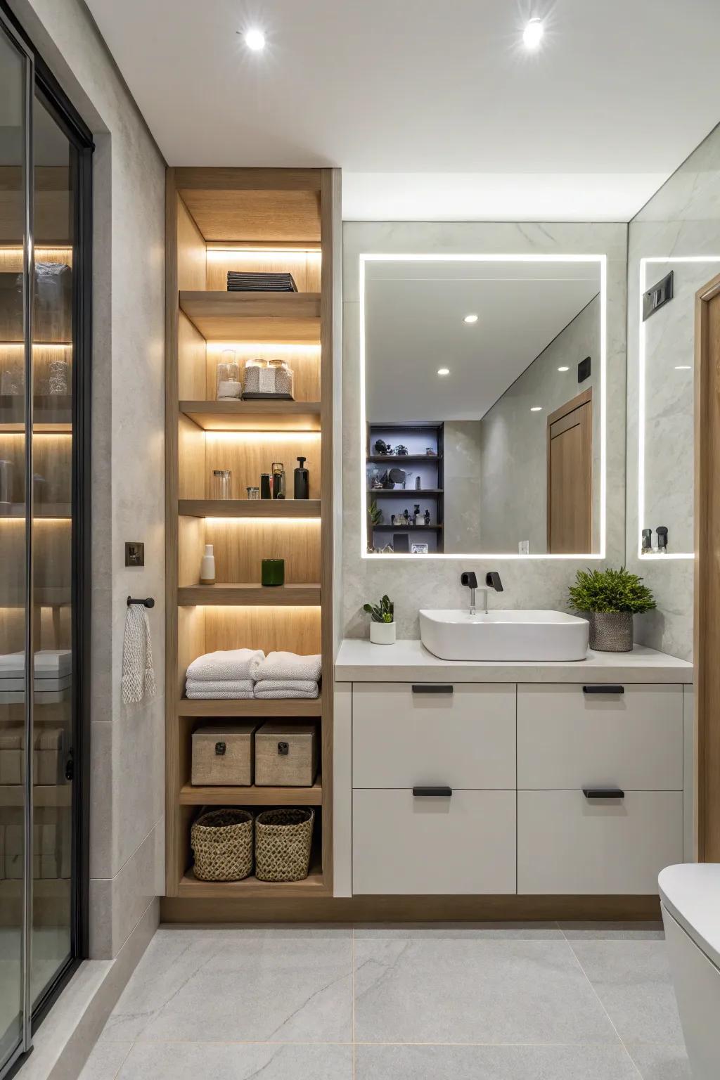 Innovative storage solutions for a clutter-free bathroom.