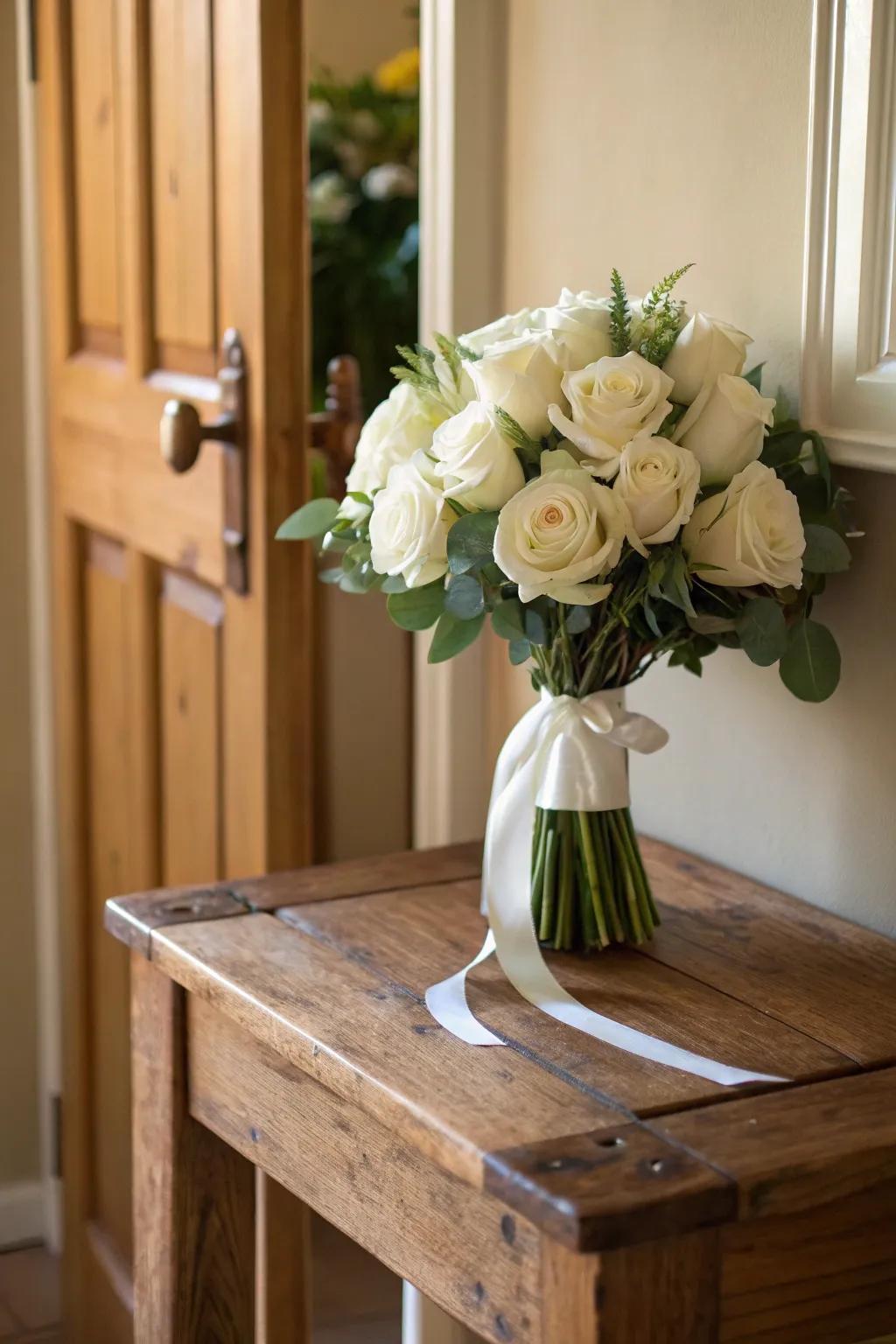 A satin ribbon adds a touch of elegance to a rose bouquet.