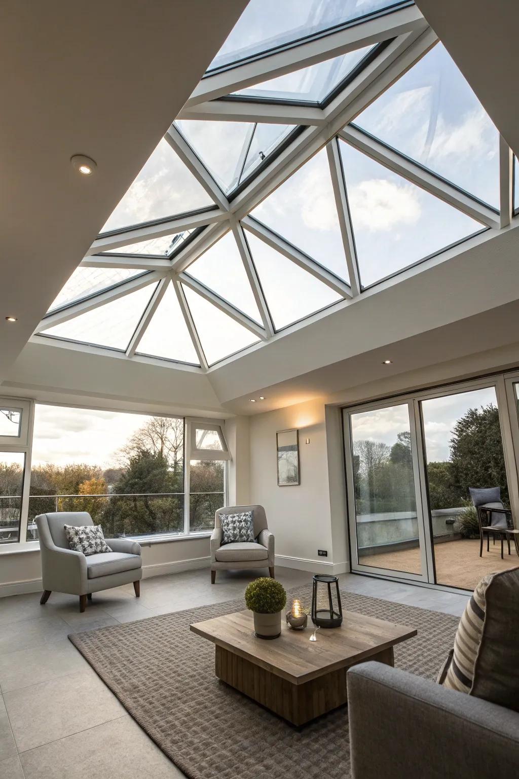 An artistic room featuring a geometric skylight.