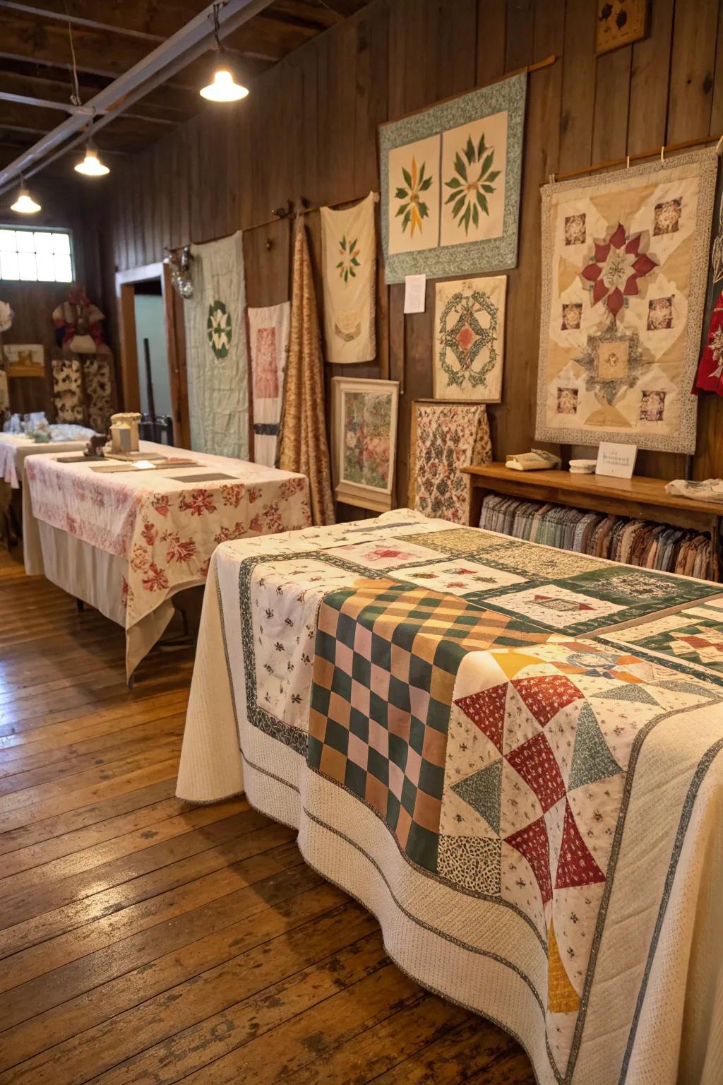 Antique quilts draped over tables for cozy textures