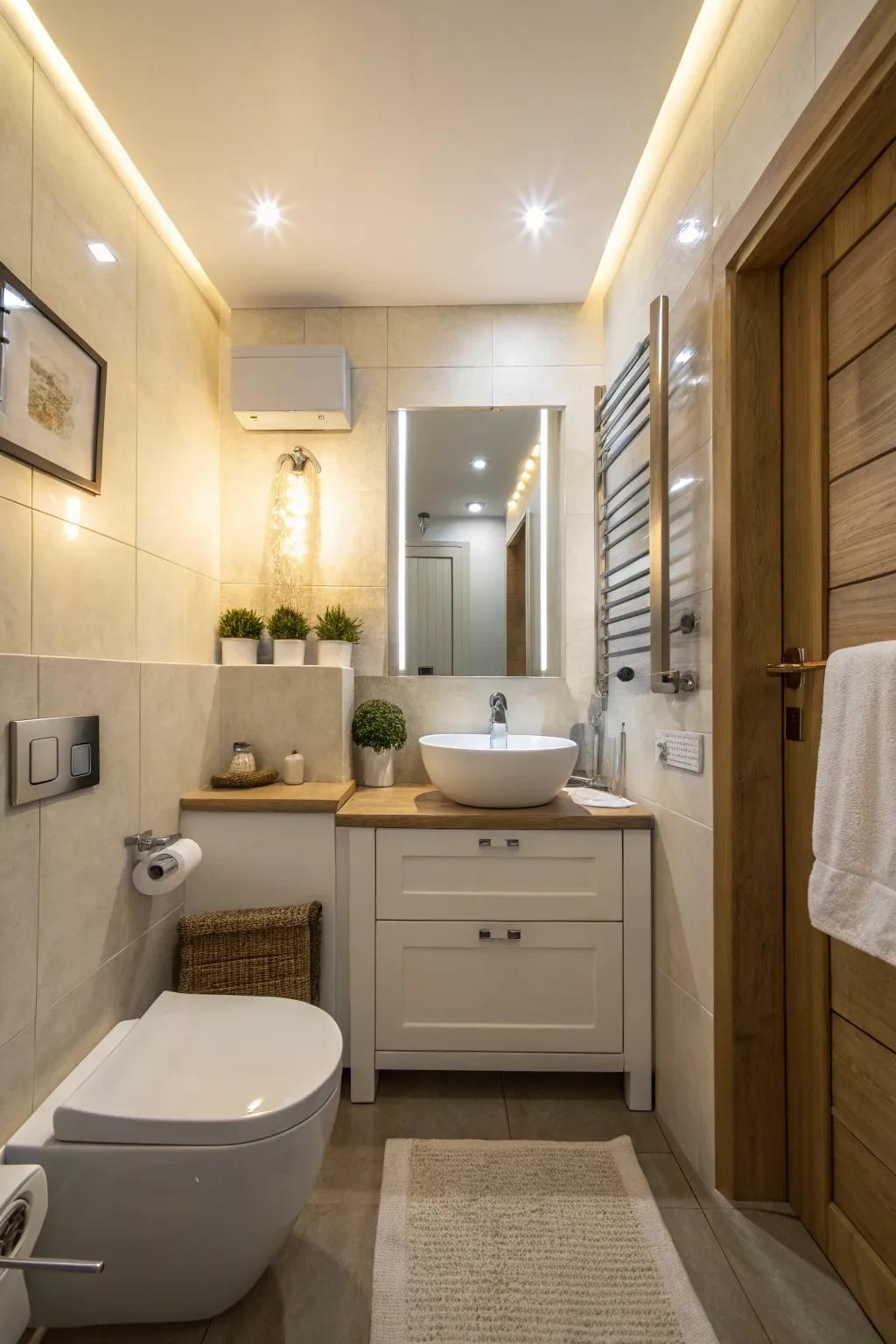 Ample lighting enhances the sense of space in small bathrooms.