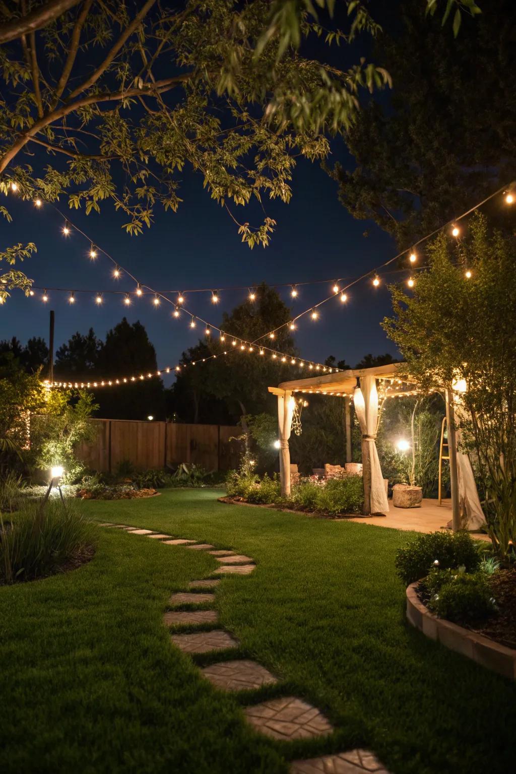 Soft lighting enhancing the ambiance of an artificial grass garden.