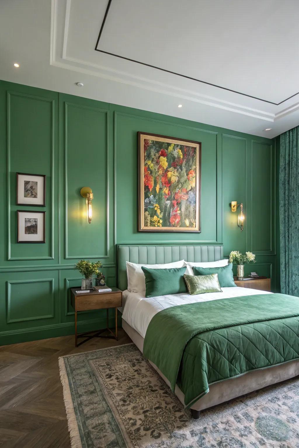 Accent pieces bring character to a green bedroom.