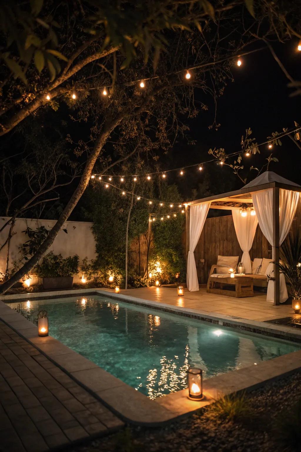 Ambient lighting transforms the pool area into a magical nighttime retreat.