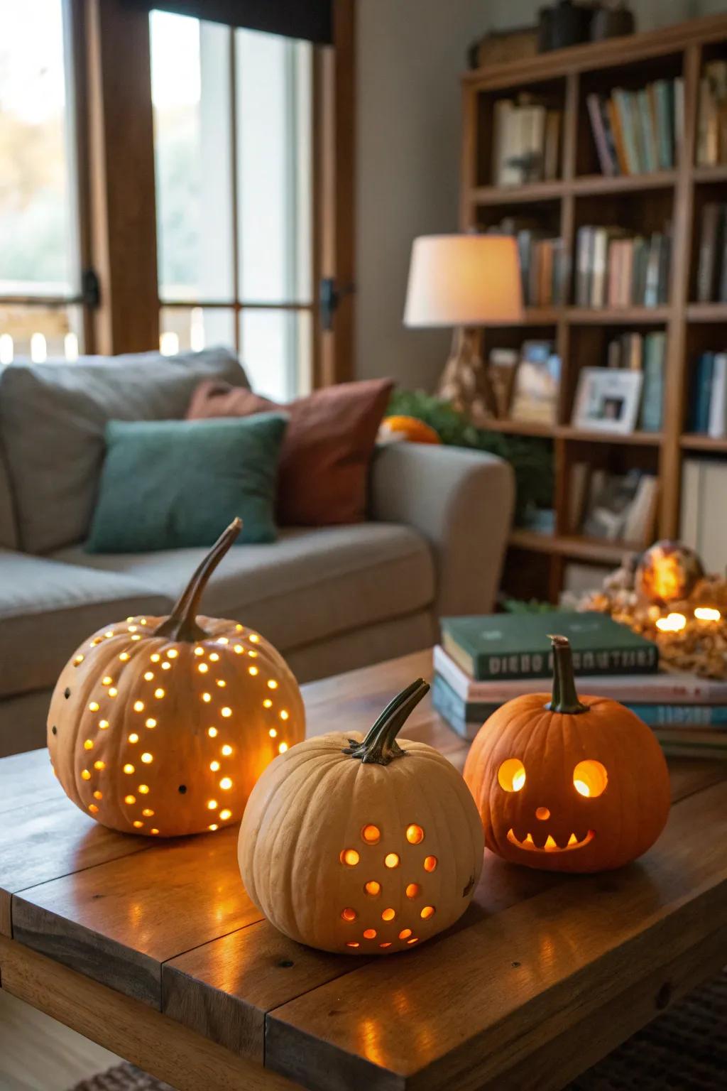 Glowing pumpkins add warmth and ambiance with hidden string lights.