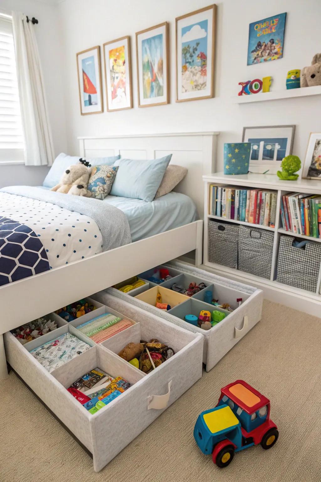 Underbed storage bins for hidden toy organization.