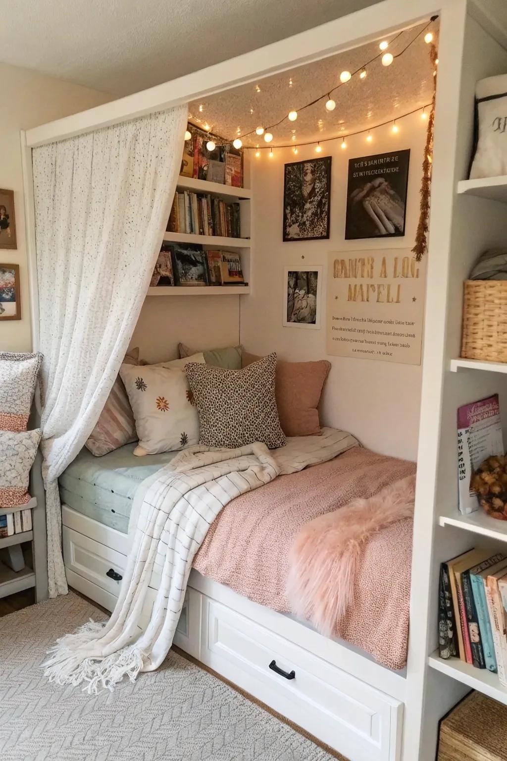 A cozy bedding nook with layered textures creates a warm and inviting retreat.
