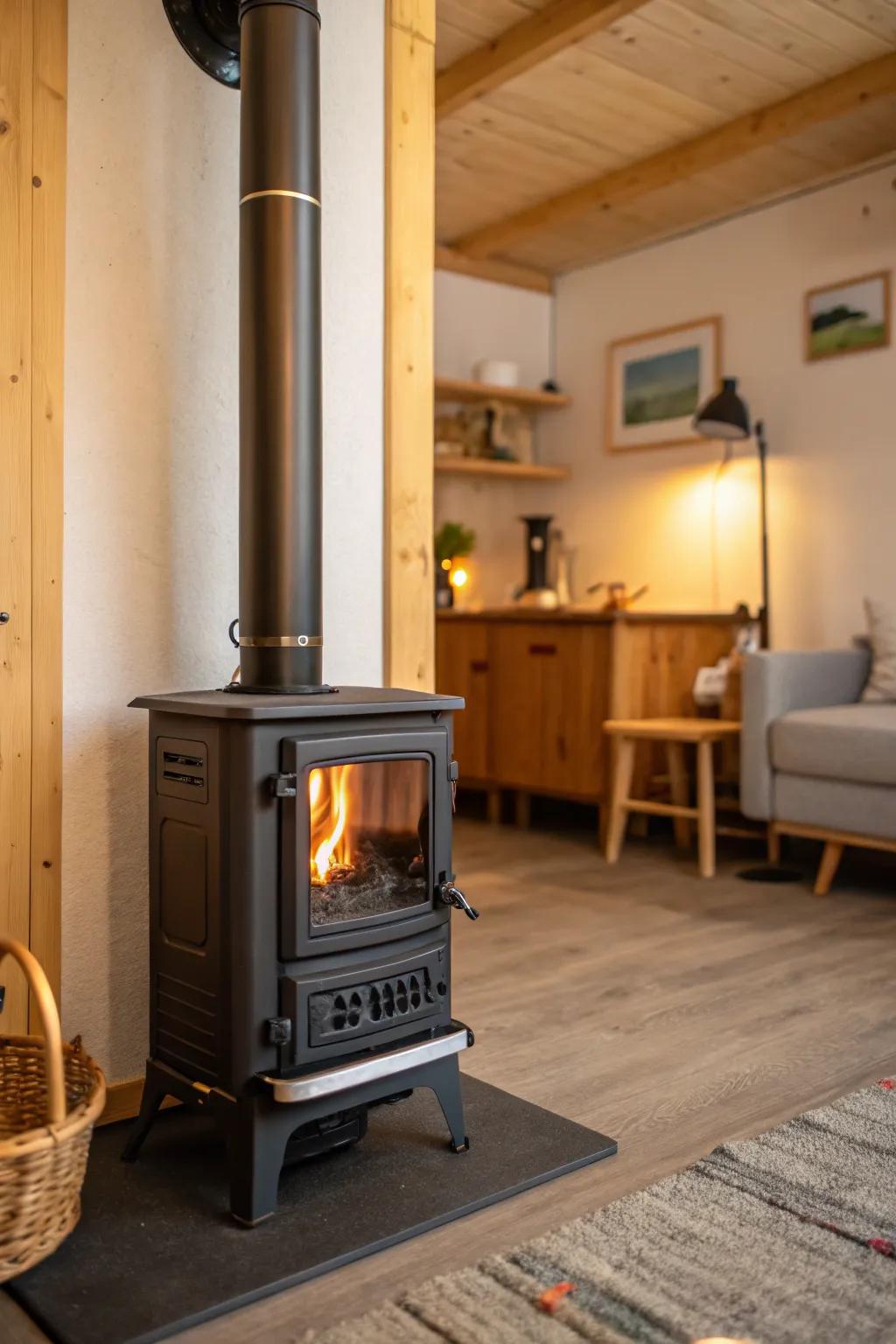 A compact wood stove efficiently heating a small yet stylish space.