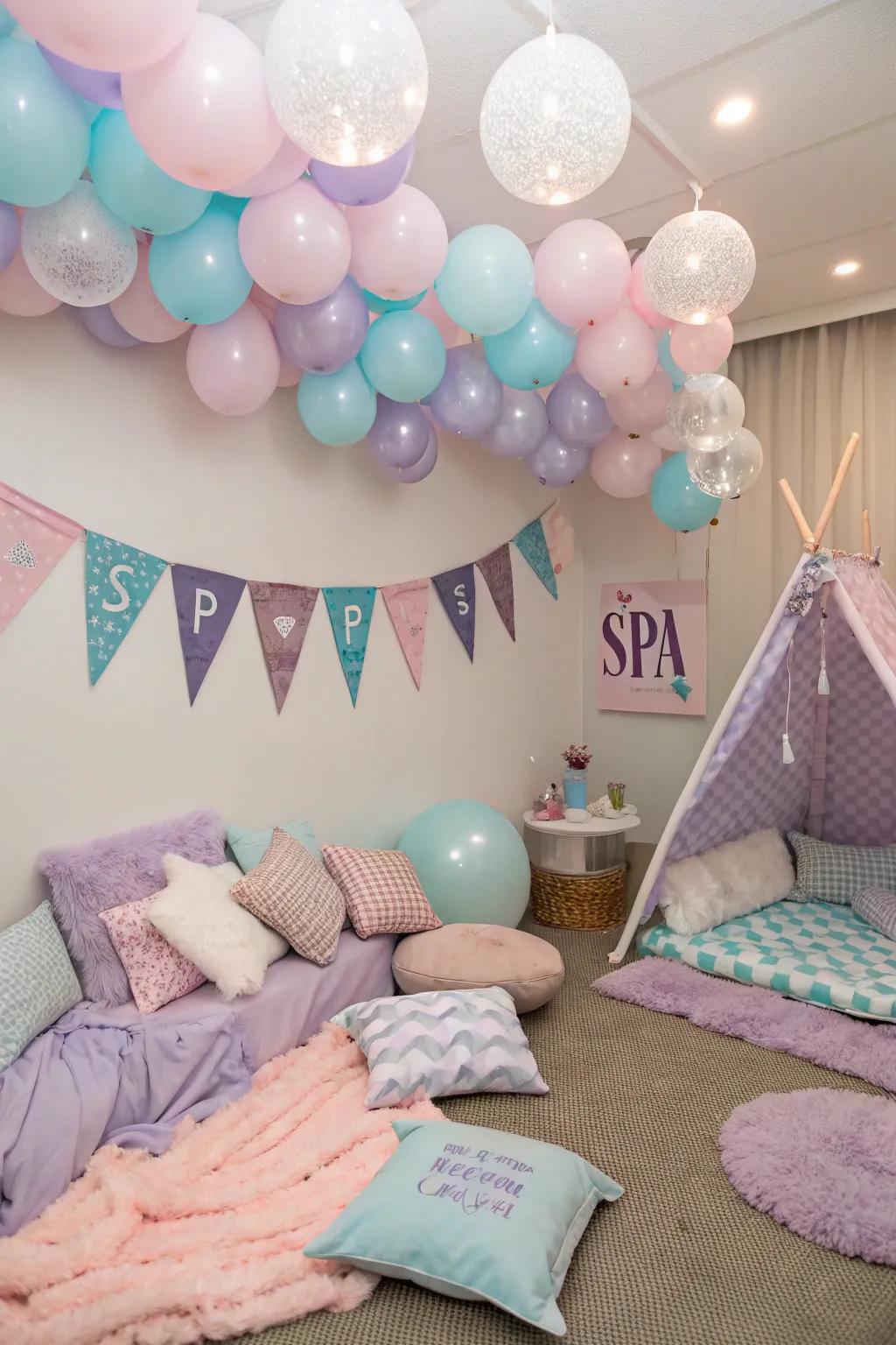 Balloons and banners add a festive touch to the spa sleepover setting.