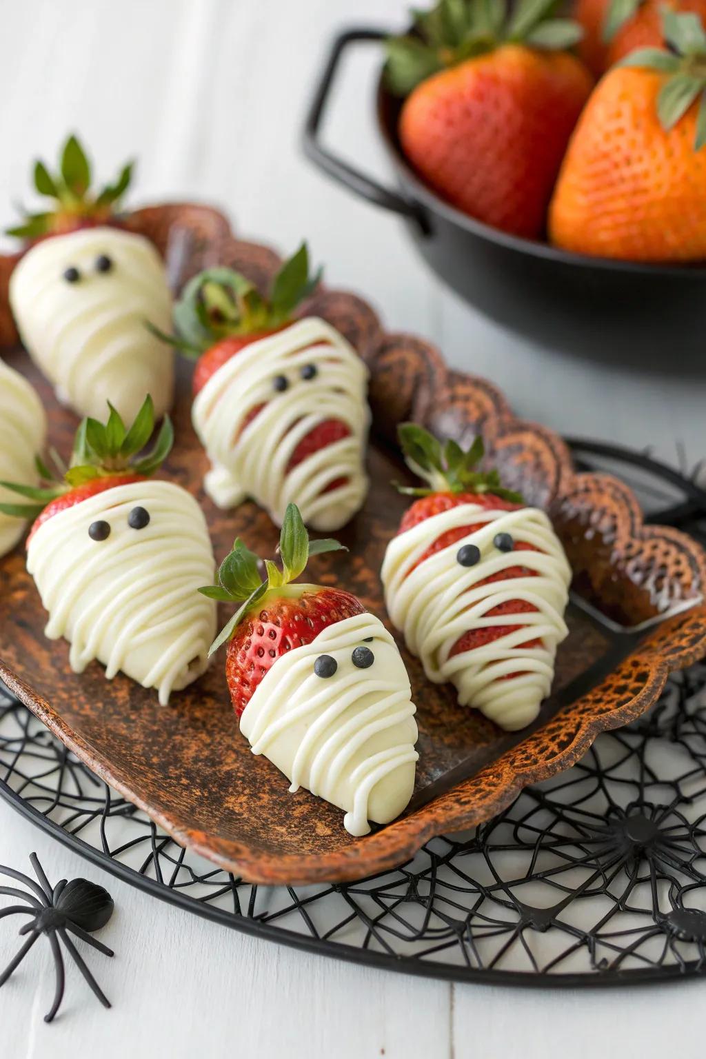 Mummified strawberries that add a touch of sweetness to the spooky night.